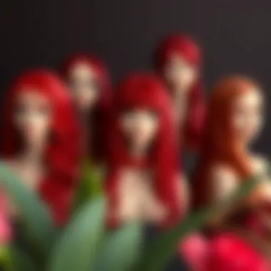 A stylish arrangement of various shades of red glueless wigs for comparison
