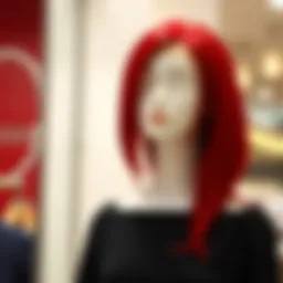 A vibrant red glueless lace front wig displayed elegantly on a mannequin