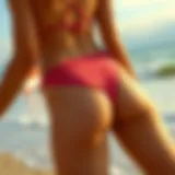 Chic Retro Swimwear on the Shoreline Stylish retro high waist ruched swim bottoms displayed on a beach