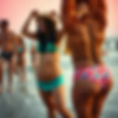 A vibrant beach scene highlighting diverse individuals wearing retro swim bottoms