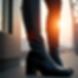 A close-up view of stretchy thigh-high boots designed for wider calves, showcasing flexible materials.