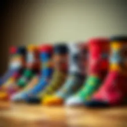 An artistic display of colorful animal face socks arranged aesthetically