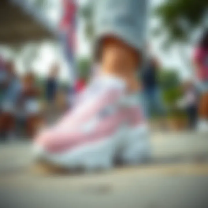 A person wearing chunky Puma sneakers during an outdoor event