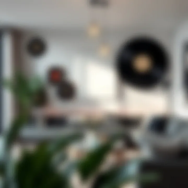 Modern Living Room Decor Featuring Blank Vinyl Records Decorative use of blank vinyl records in a modern living room