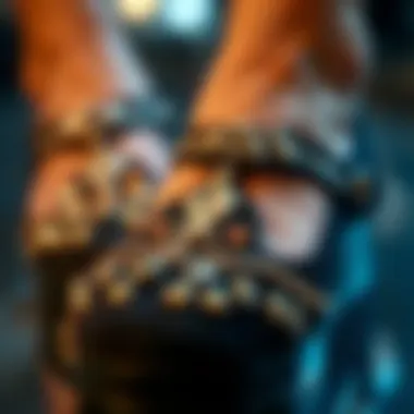 Close-up of rhinestones on black footwear showcasing intricate detailing