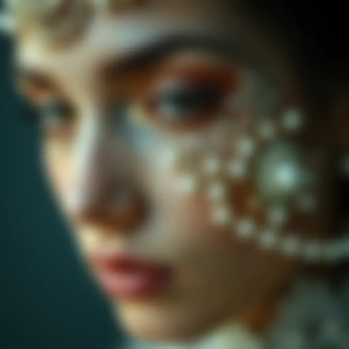 Intricate Application of Pearl Face Jewels Close-up of intricate pearl face jewel application
