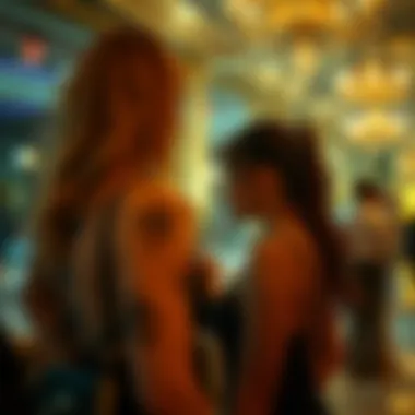 An elegant event setting where individuals wear sparkly fishnets as part of their attire