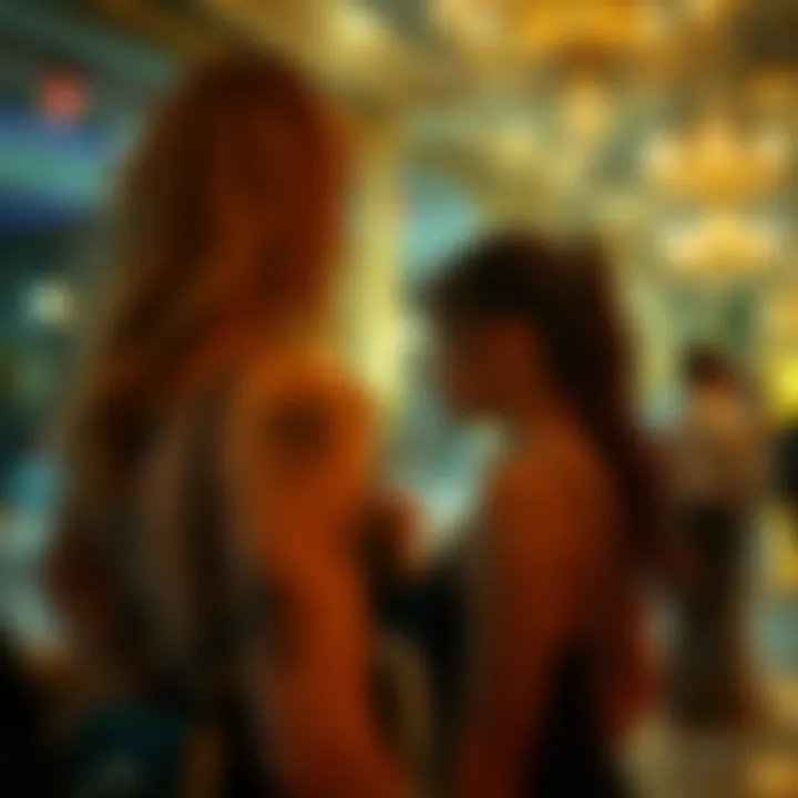 An elegant event setting where individuals wear sparkly fishnets as part of their attire