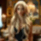 Elegant display of a long blonde wig against a luxurious backdrop