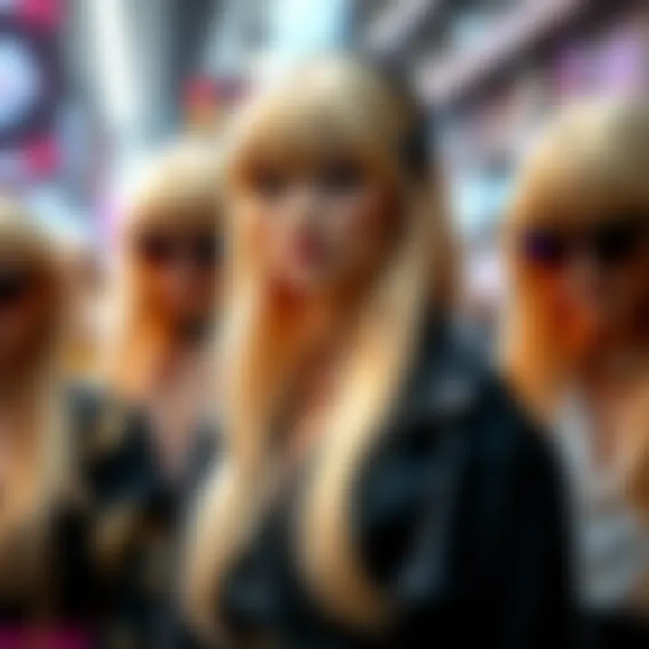 A vibrant fashion scene showcasing individuals wearing long blonde wigs