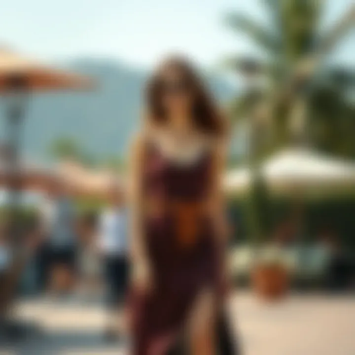 A chic belted cami dress styled for a casual outdoor event with accessories