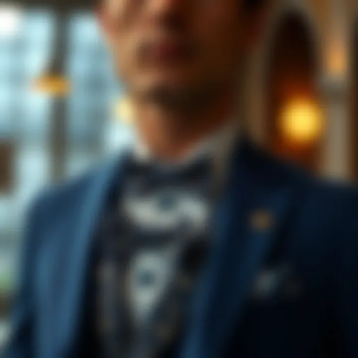 Elegant blue suit showcasing a vest and bow tie ensemble