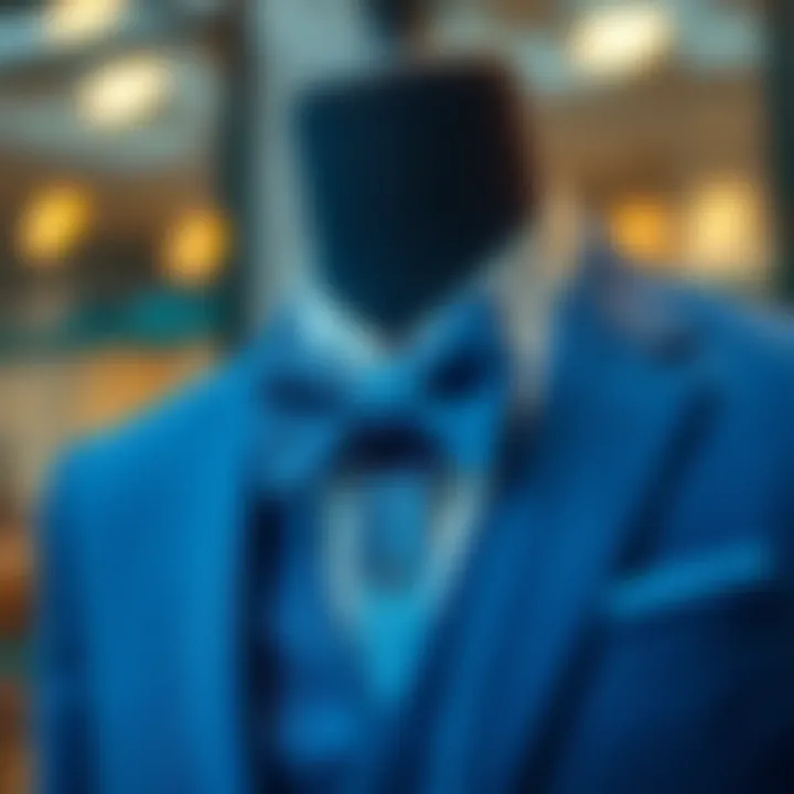 Stylish arrangement of blue suit accessories including bow tie