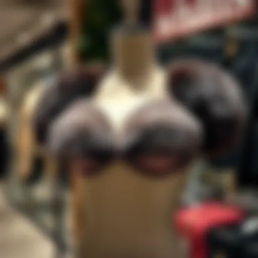 An elegant fur bra displayed on a mannequin in a boutique setting.