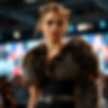 A fashion-forward individual showcasing a fur bra at a runway event.