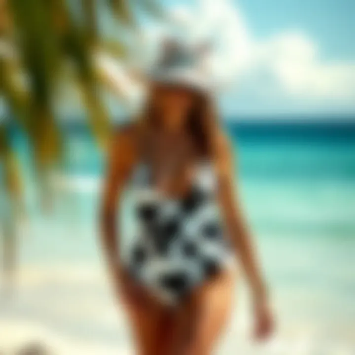Fashion-forward styling of cow one-piece swimsuit on beach