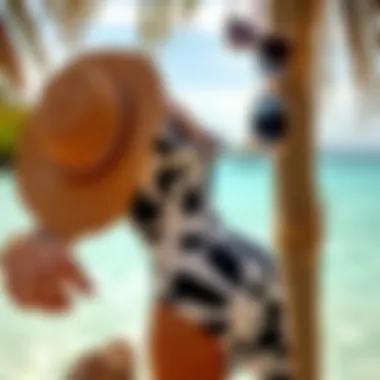 Trendy cow print swimwear displayed with accessories