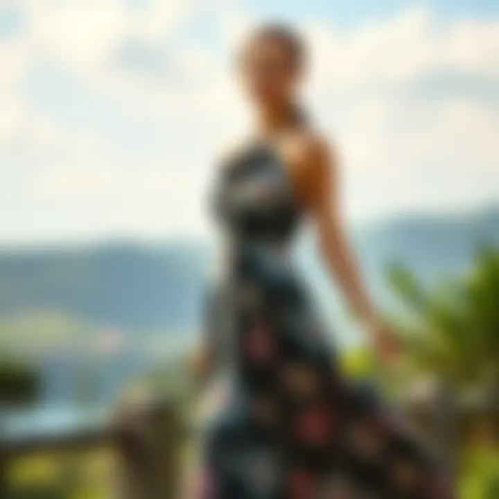 Stylish halterneck swing dress in a scenic outdoor setting