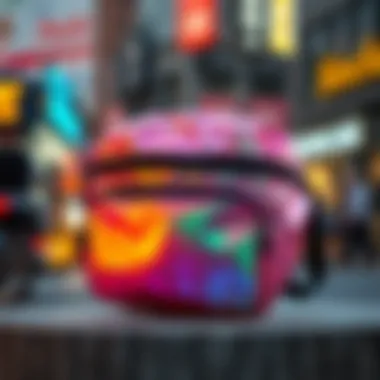 Vibrant iridescent fanny pack displayed against a trendy urban backdrop