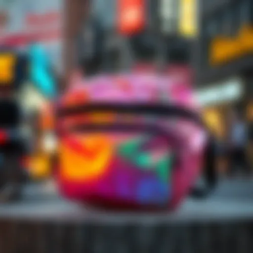 Vibrant iridescent fanny pack displayed against a trendy urban backdrop