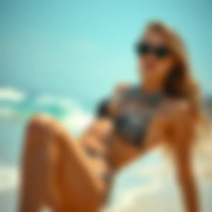 A stylish model wearing a metal chain bikini on a beach