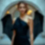 Elegant one shoulder bat wing dress showcased on a model