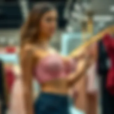 Selecting the Perfect Pink Strapless Push-Up Bra in a Boutique A fashionista selecting a pink strapless push-up bra while browsing through a boutique.