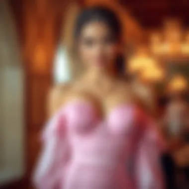Stylish Off-Shoulder Dress Complemented by the Pink Strapless Push-Up Bra A model wearing a pink strapless push-up bra under a stylish off-shoulder dress.