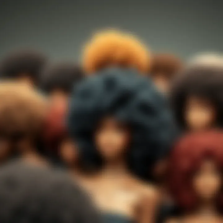 Diverse collection of large afro wigs in various colors and textures