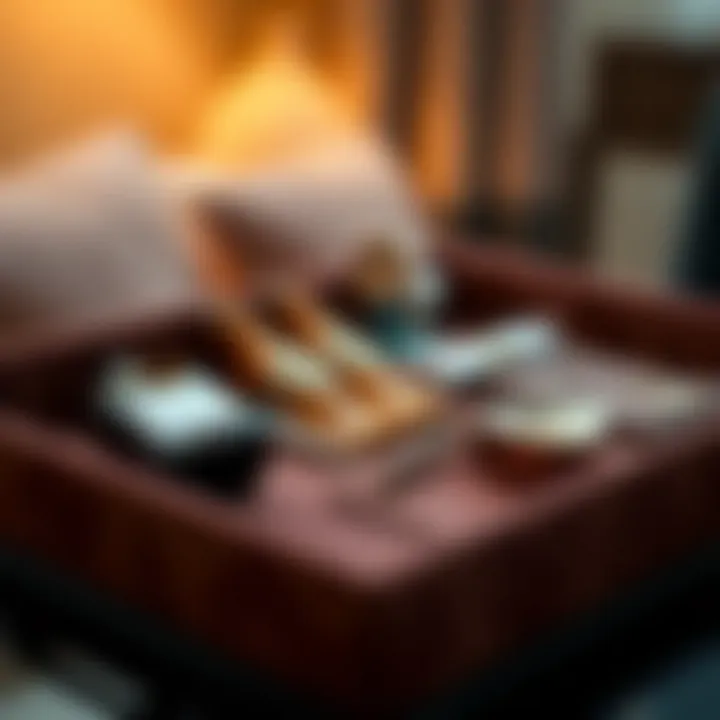 Close-up of textured velvet tray displaying luxury items