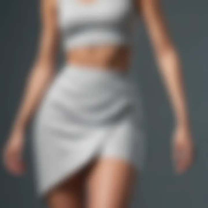 Close-up of the fabric texture of the solid crop tee and split thigh skirt set, highlighting quality and craftsmanship.