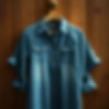 Classic Jean Shirt Dress A classic jean shirt dress displayed on a wooden background
