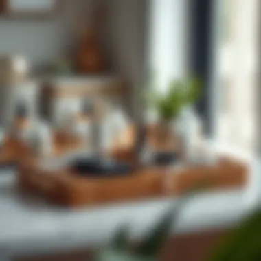 Functional bamboo vanity tray organized with cosmetics and jewelry