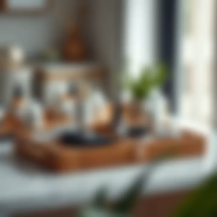 Functional bamboo vanity tray organized with cosmetics and jewelry