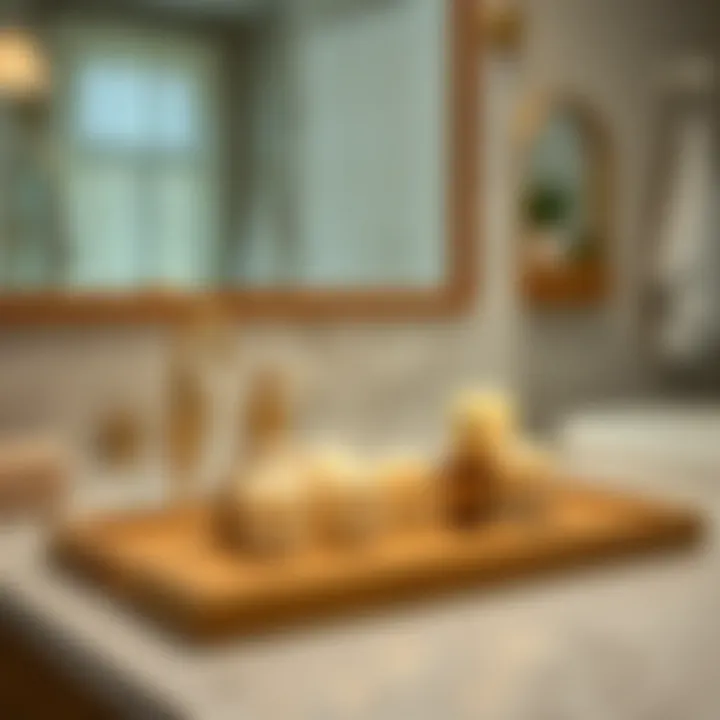 Stylish bamboo tray placed on a bathroom counter with candles