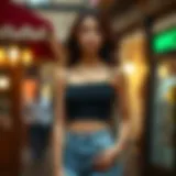 Elegant spaghetti strap black crop top paired with high-waisted jeans.