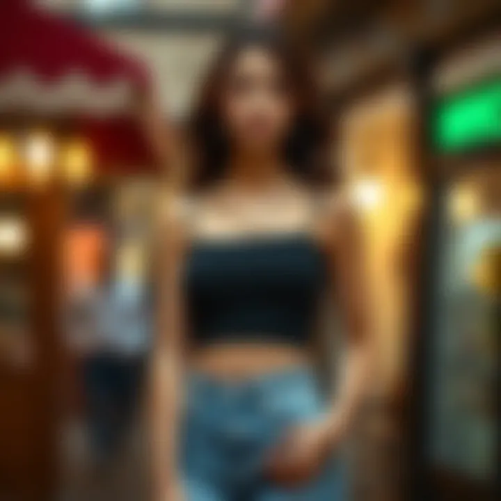 Elegant spaghetti strap black crop top paired with high-waisted jeans.