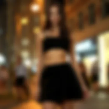 Fashionable spaghetti strap black crop top paired with a skirt for a night out.