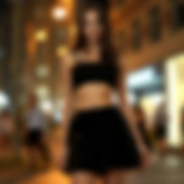 Fashionable spaghetti strap black crop top paired with a skirt for a night out.