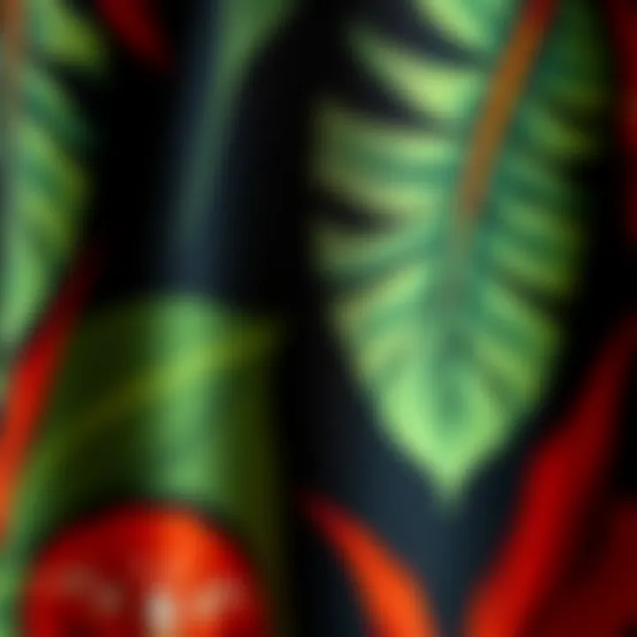 Close-up of fabric texture of a tropical leaf print maxi dress