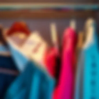 An organized wardrobe featuring garments held by velvet hanger clips
