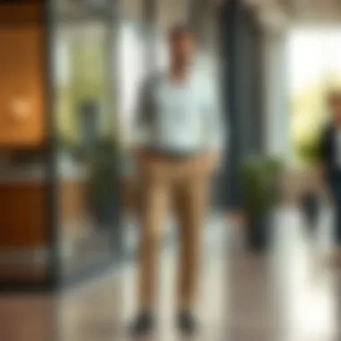 Elegant pairing of tailored pants and a stylish button-up shirt in a modern setting