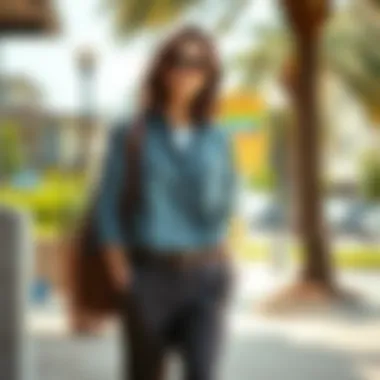 A stylish ensemble featuring a casual button-up shirt and relaxed-fit pants in an outdoor setting