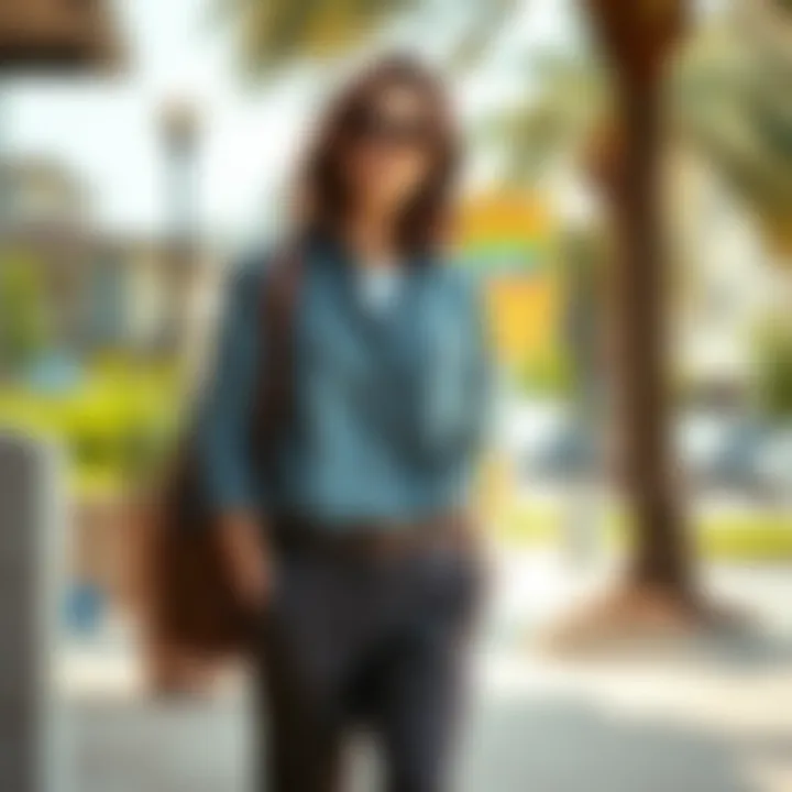 A stylish ensemble featuring a casual button-up shirt and relaxed-fit pants in an outdoor setting