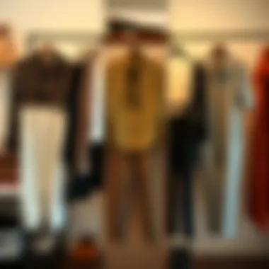 A collection of pants and button-up sets arranged for a fashion-forward look