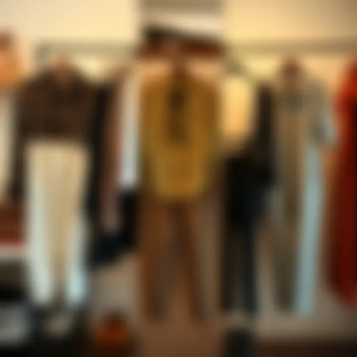 A collection of pants and button-up sets arranged for a fashion-forward look