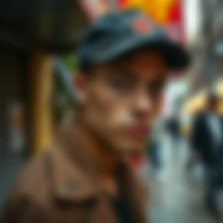 Vintage Cap as a Fashion Statement in Urban Style A stylish individual wearing a vintage distressed baseball cap in an urban setting