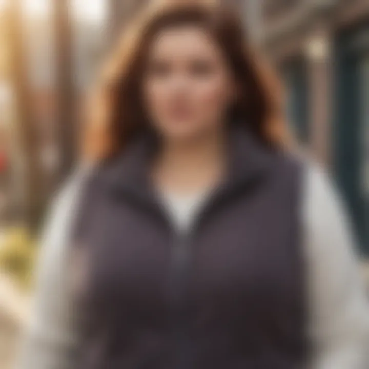 A fashion-forward model wearing a plus size fleece vest outdoors.