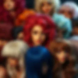 A vibrant display of various faux wig styles showcasing unique textures and colors