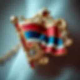 Close-up of an intricately designed flag brooch showcasing fine craftsmanship
